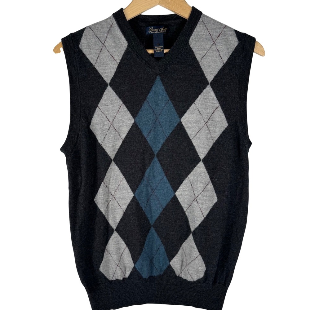 Garret Scott Mens Extra Fine Merino Wool Argyle V-Neck Sweater Vest Charcoal XL